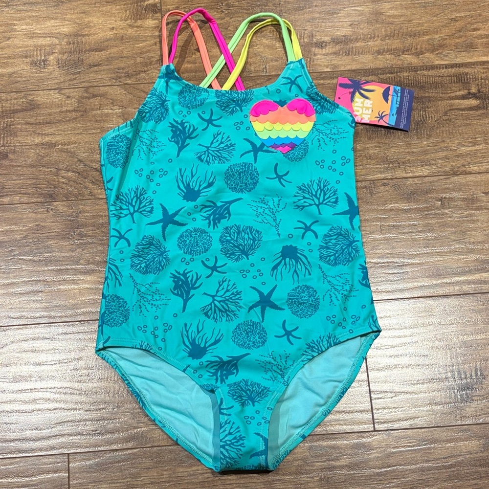Kids Swimwear with Heart Design and fun underwater pattern- greeny/blue